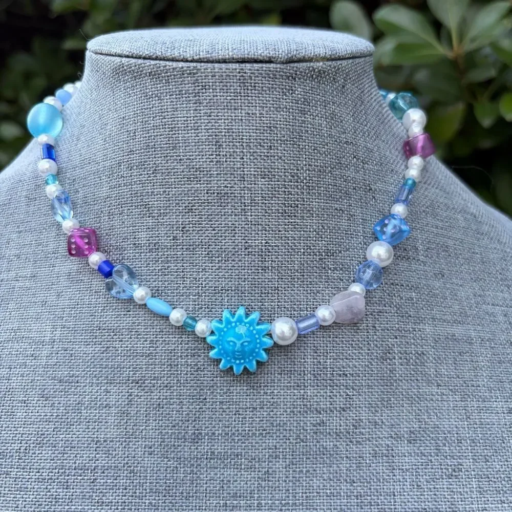 Two (2) Urban Outfitters OU Layering Blue Mushroom Sundial Beaded Necklaces NWT
